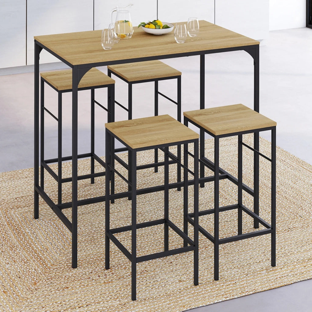 IDMarket - DETROIT Tavolo da bar alto 100 cm e 4 sgabelli in metallo e legno nero - design industriale