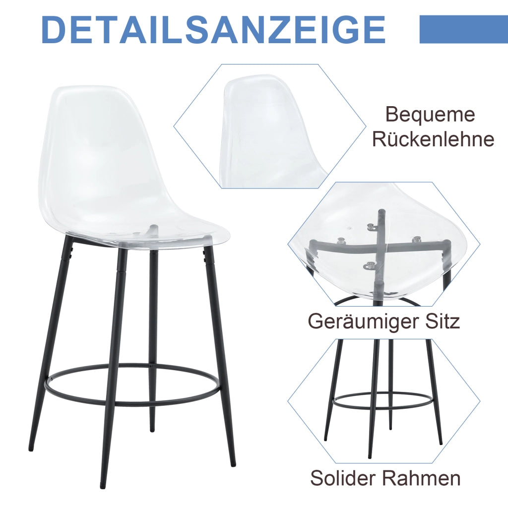 Set di 2 Sgabelli da Bar; Schienale Trasparente; Piedini Regolabili; per Cucina e Isola; Plastica e Metallo; Trasparente e Nero