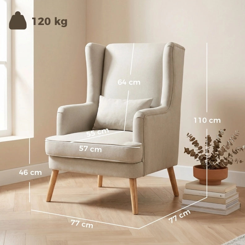 Poltrona lounge beige con schienale alto e cuscino lombare