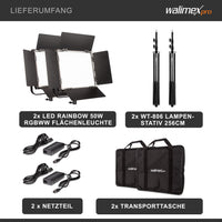 LED Rainbow 50W RGBWW Set - composto da 2 luci, alette di schermatura, alimentatore, borsa per il trasporto e lo stoccaggio, treppiede per lampada con attacco e adattatore