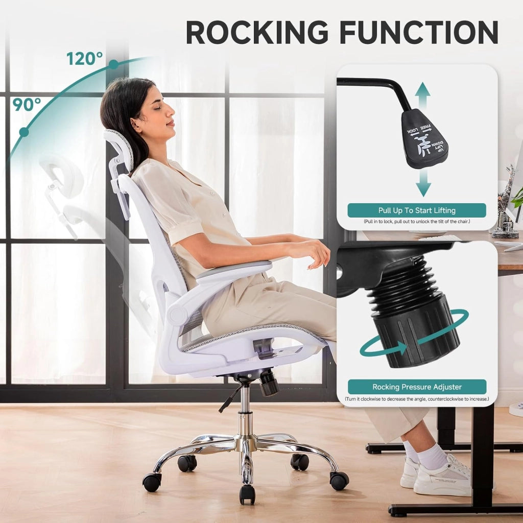 Sedia da ufficio, sedia da scrivania, ergonomica, in rete a doppio strato, traspirante, supporto lombare adattabile, poggiatesta regolabile, per home office, sedia girevole da 150 kg, bianco