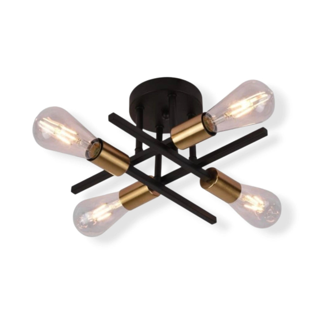 Plafoniera da Soffitto Moderna in Metallo Nero e Oro, Attacco E27, Design Industriale, 4 Portalampada, IP20, 220V (senza lampadine)