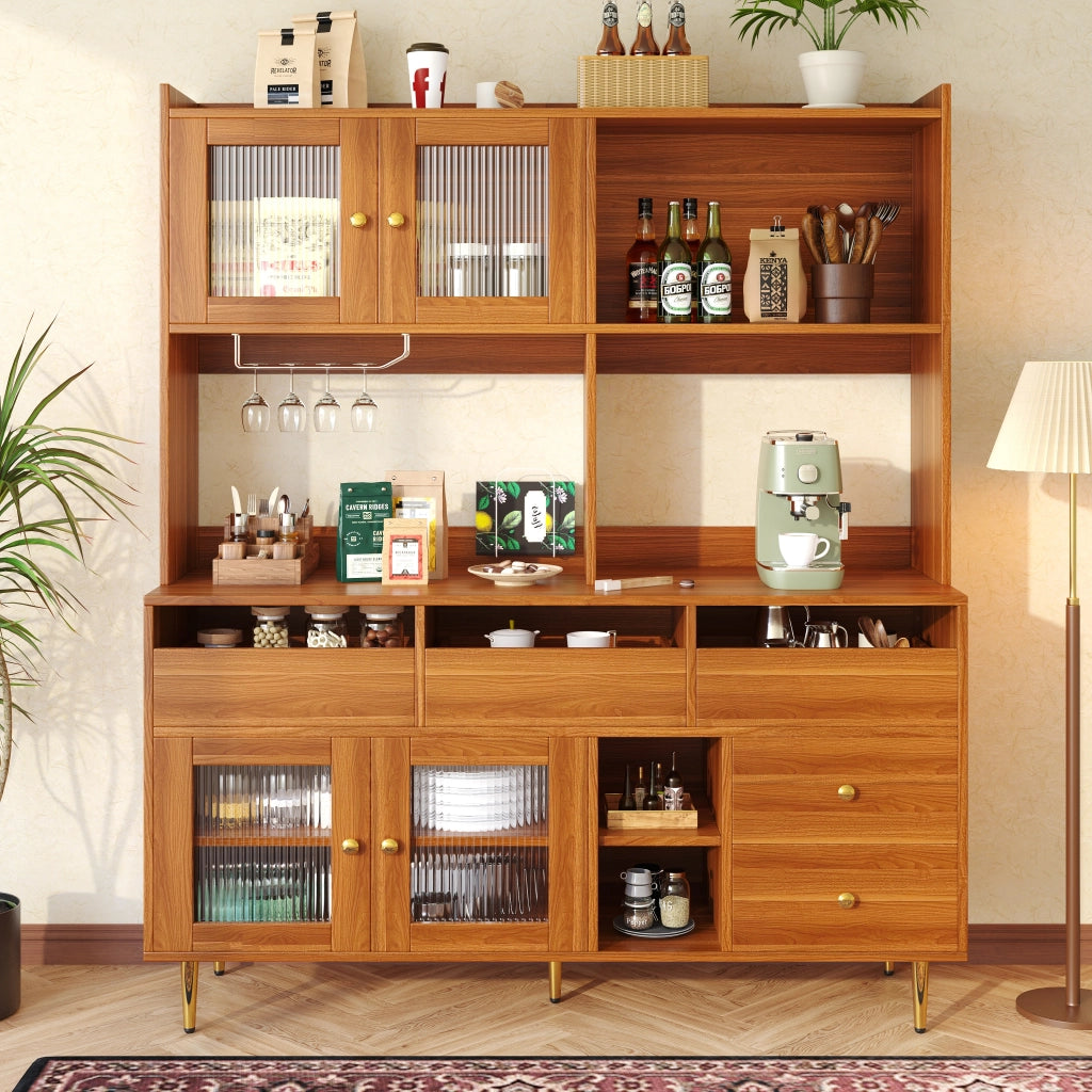 Credenza Alta da Cucina con Vani Aperti; Anta in Vetro Cannelato e Portabottiglie; in MDF; 145 x 39 x 171 cm