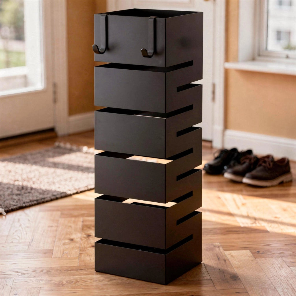 Portaombrelli Design Moderno In Acciaio Zincato Per Interno Esterno Con Vaschetta Scolapioggia Base Antiscivolo 2 Ganci Removibili Struttura Robusta Nero 49 X 15.5 X 15.5 Cm