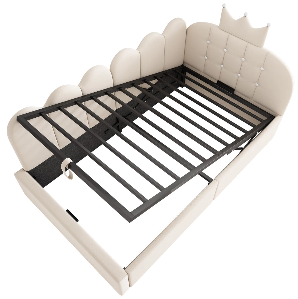 Letto da giorno contenitore 90x190 cm; design a corona e griglia; velluto beige