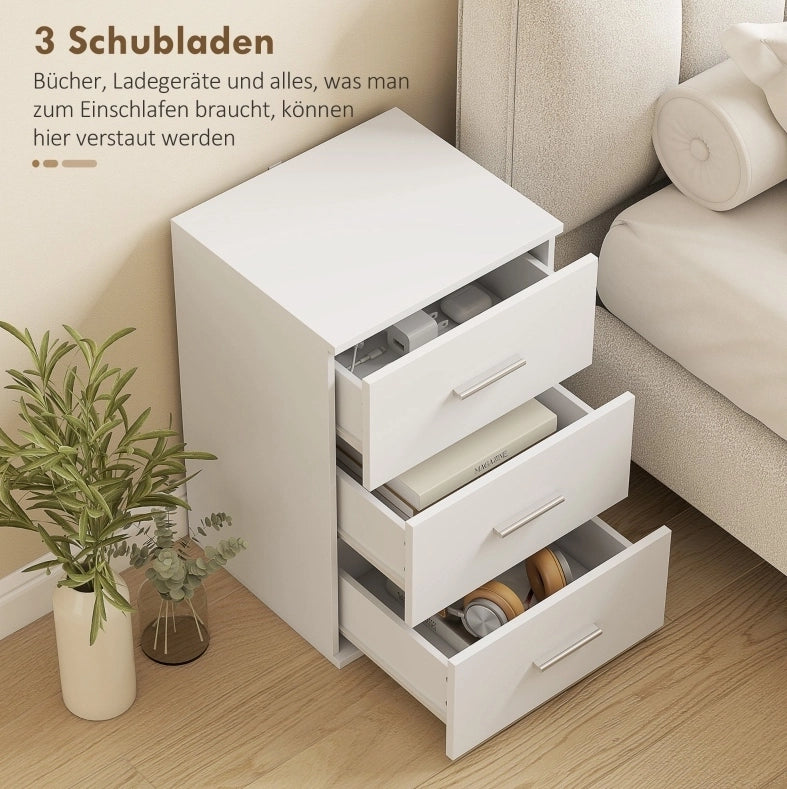 Comodino bianco con 3 cassetti e struttura in MDF
