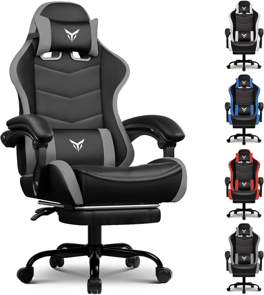 Sedia da Gaming Ufficio Ergonomica, Sedia da Gioco con Poggiapiedi, Poggiatesta e Supporto Lombare Regolabili, Poltrona da Gaming, Grigio