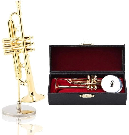 Miniatura Tromba in Ottone - Decorazione - Regalo Musicale - Sostegno - Scatola in Legno - Modello di Strumento