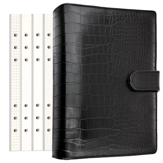 Agenda Premium con Cinturino in Pelle PU - 80 Pagine - Porta Penna - Chiusura Magnetica - Formato A5 - Tessuto Krokodile Nero - Quaderno di Note