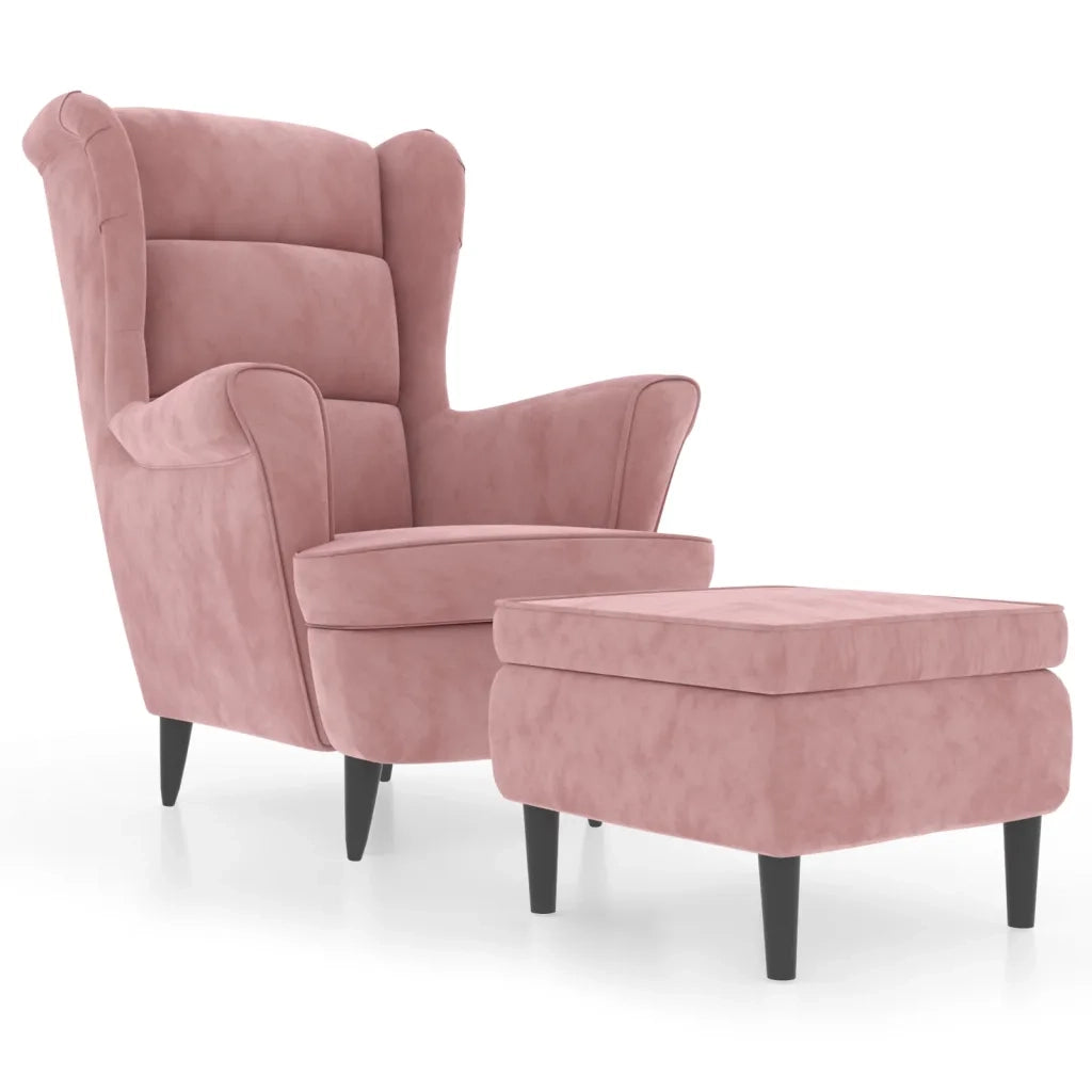 Poltrona | Sedia Relax con Schienale ad Ala con Poggiapiedi Rosa in Velluto