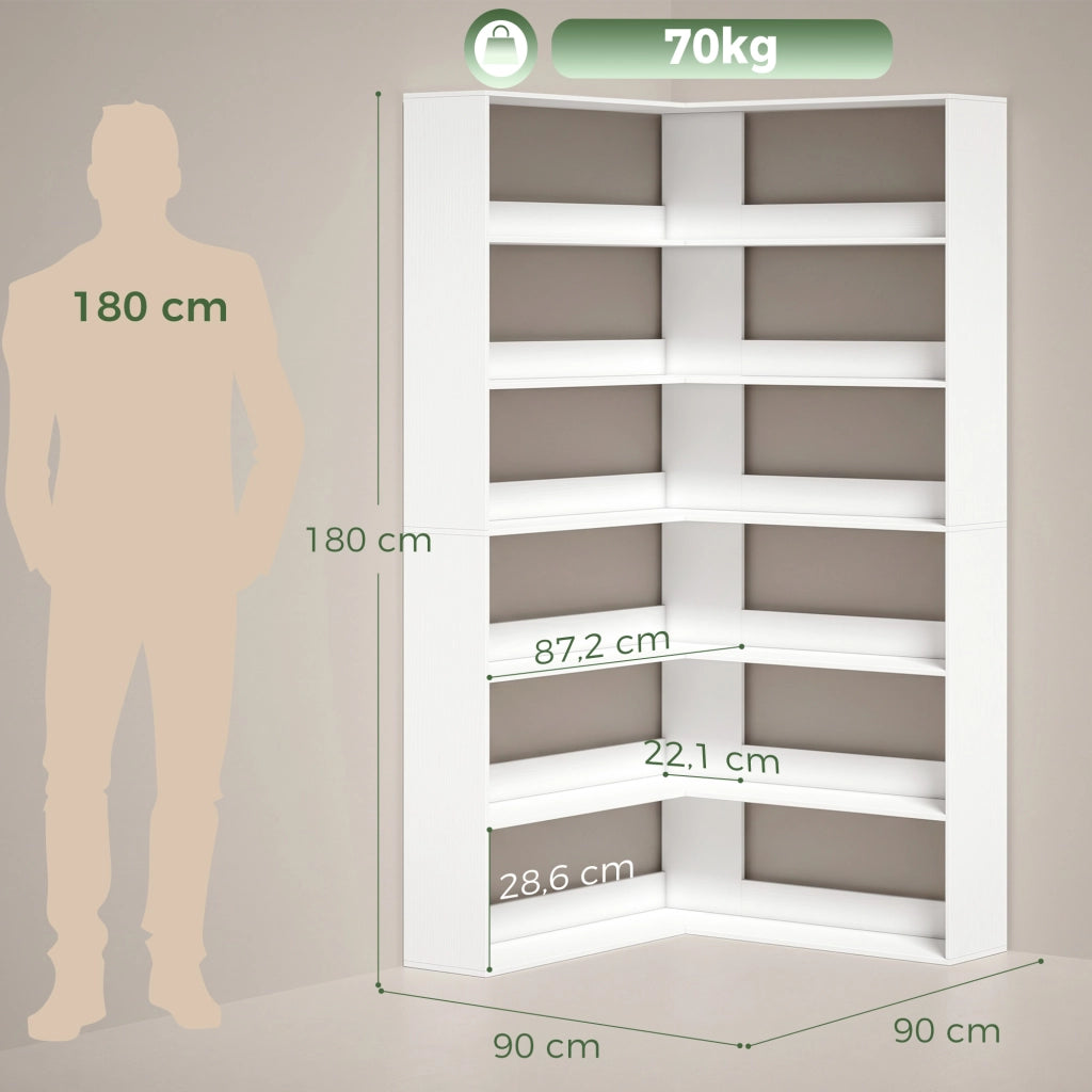 Libreria angolare a L 7 ripiani ¨C Xylo ¨C bianco effetto legno con protezione antiscivolo