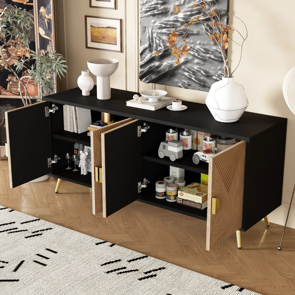 Credenza 160x40x75 cm a 4 ante con chiusura ammortizzata; MDF e pannello truciolare nero e legno
