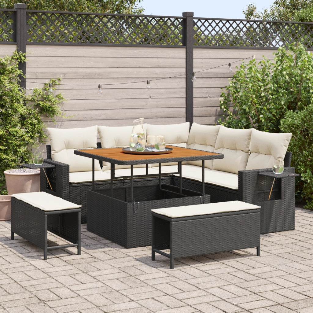 Set Divano da Giardino a 8 Pezzi con Cuscini Nero Rattan Polietilene Acacia
