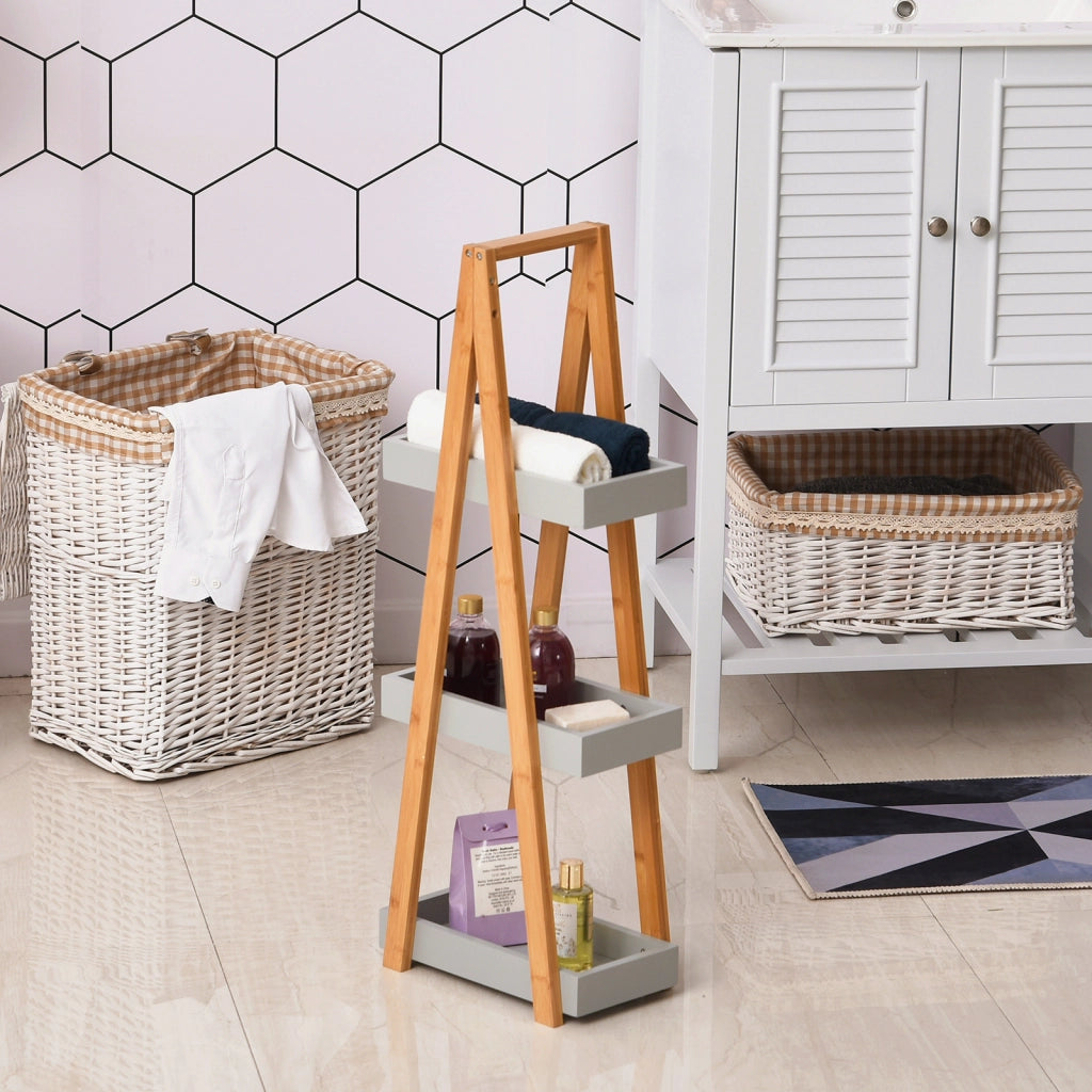 Scaffale da Bagno in Bamb¨´ con 3 Ripiani A-Forma ¨C zephmum ¨C Naturale e Grigio 30x18x81 cm