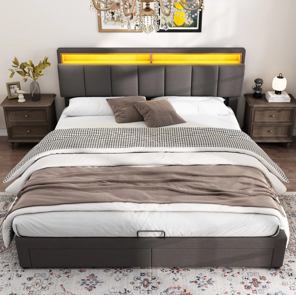 Letto imbottito grigio scuro 160 x 200 cm con LED e vano contenitore