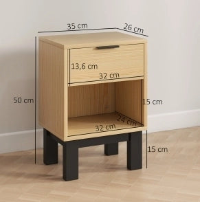 Comodino in rovere con cassetto e vano aperto