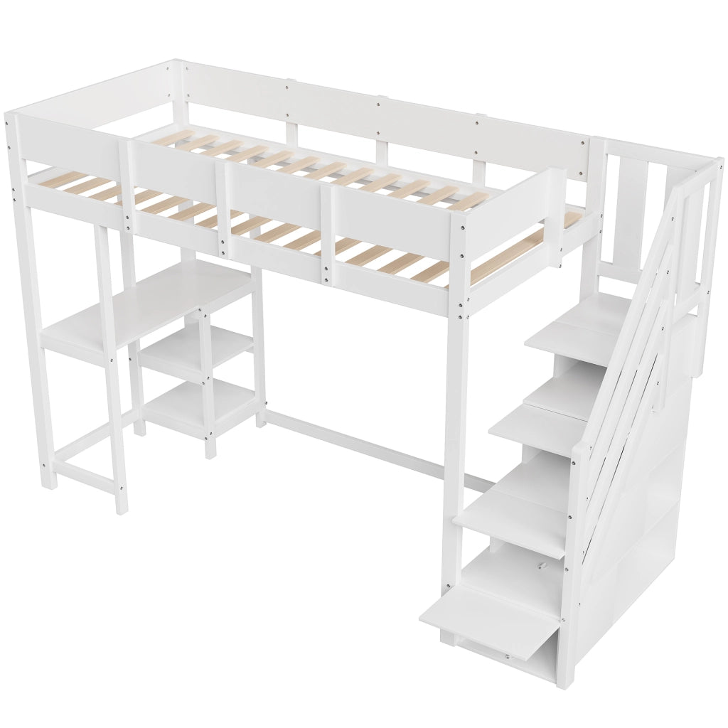 OKWISH Letto a Soppalco 90×200 cm, Letto Singolo con Scala Contenitore, Mensola e Sponde, senza Materasso, in Legno, Bianco