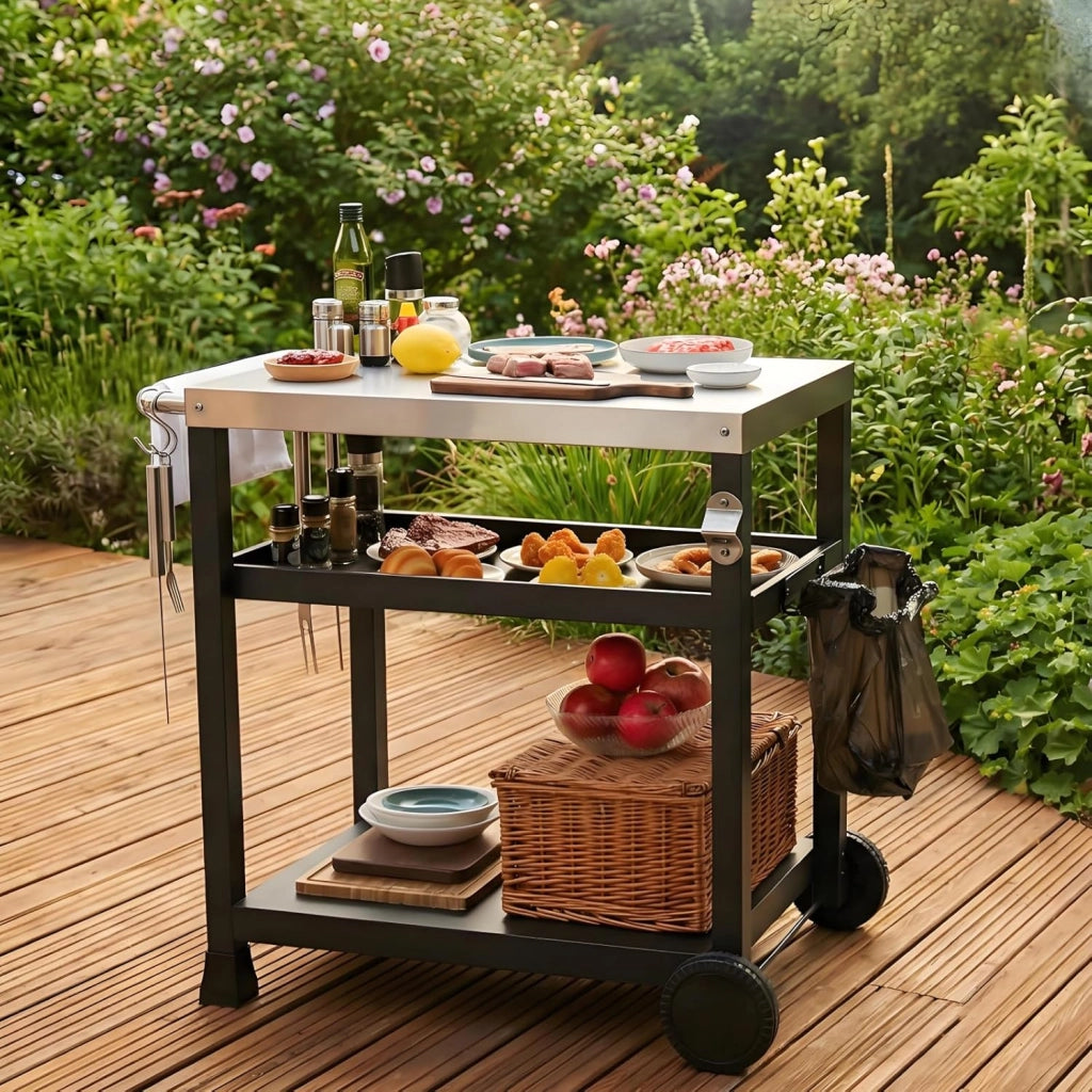 Acciaio Inox Carrello Barbecue 3 Ripiani, Tavolo BBQ con 2 Ruote Ganci,Carrello Cucina Esterna con Maniglia,Carrello di Servizio Cucina Esterni da Multiuso,per Casa Cortile Patio e Giardino
