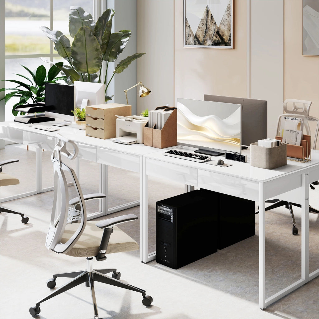 Scrivania Moderna 100x50x75 cm con 2 Cassetti e Gambe in Acciaio Bianco Lucido