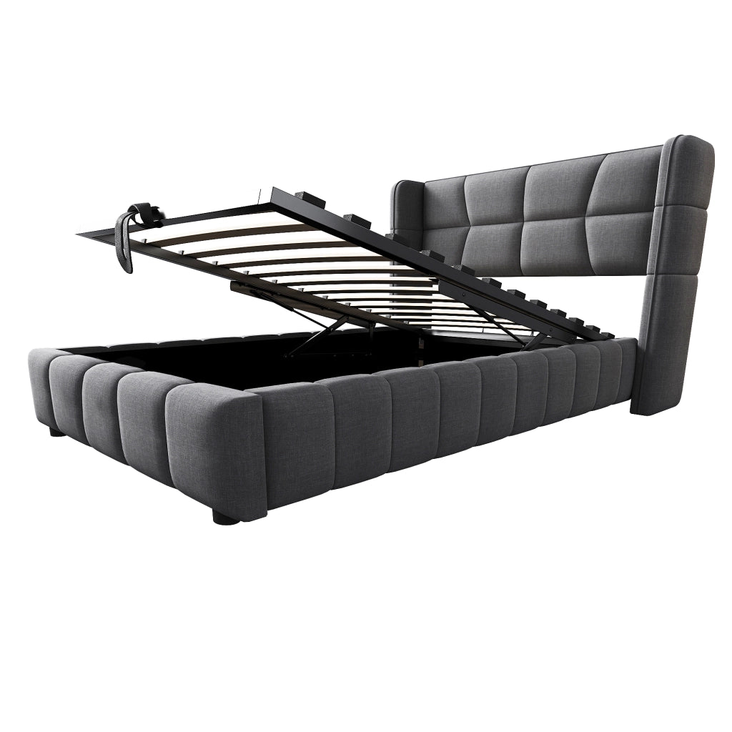 Letto singolo 90 x 200 cm, testiera imbottita, vano portaoggetti, tessuto di lino, grigio