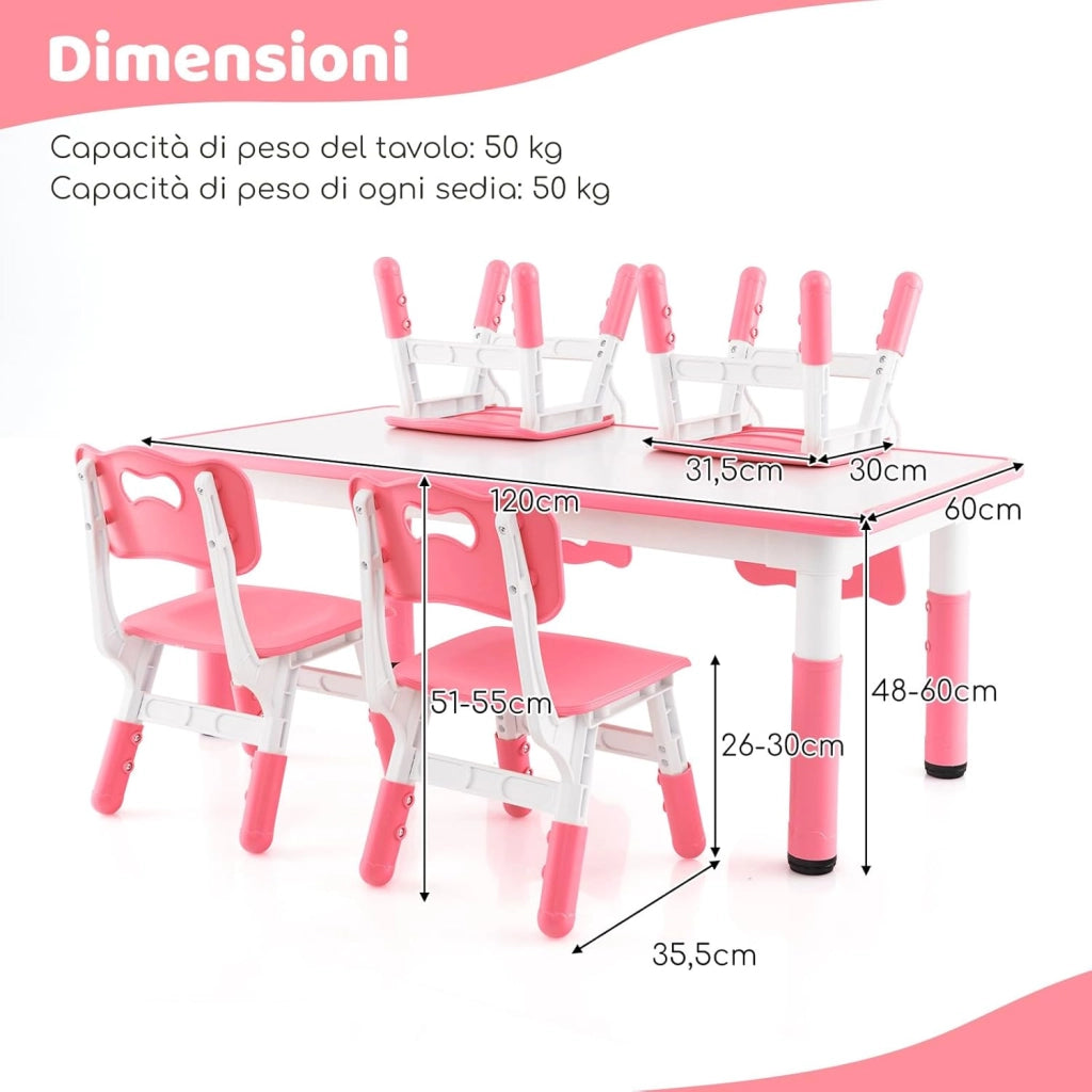Set Tavolo e 4 Seide per Bambini, Scrivania Regolabile in Altezza con Piano Graffiti, Gambe Antiscivolo, Mobile Multifuzione con 4 Posti per Cameretta, Asilo e Scuola (Rosa)