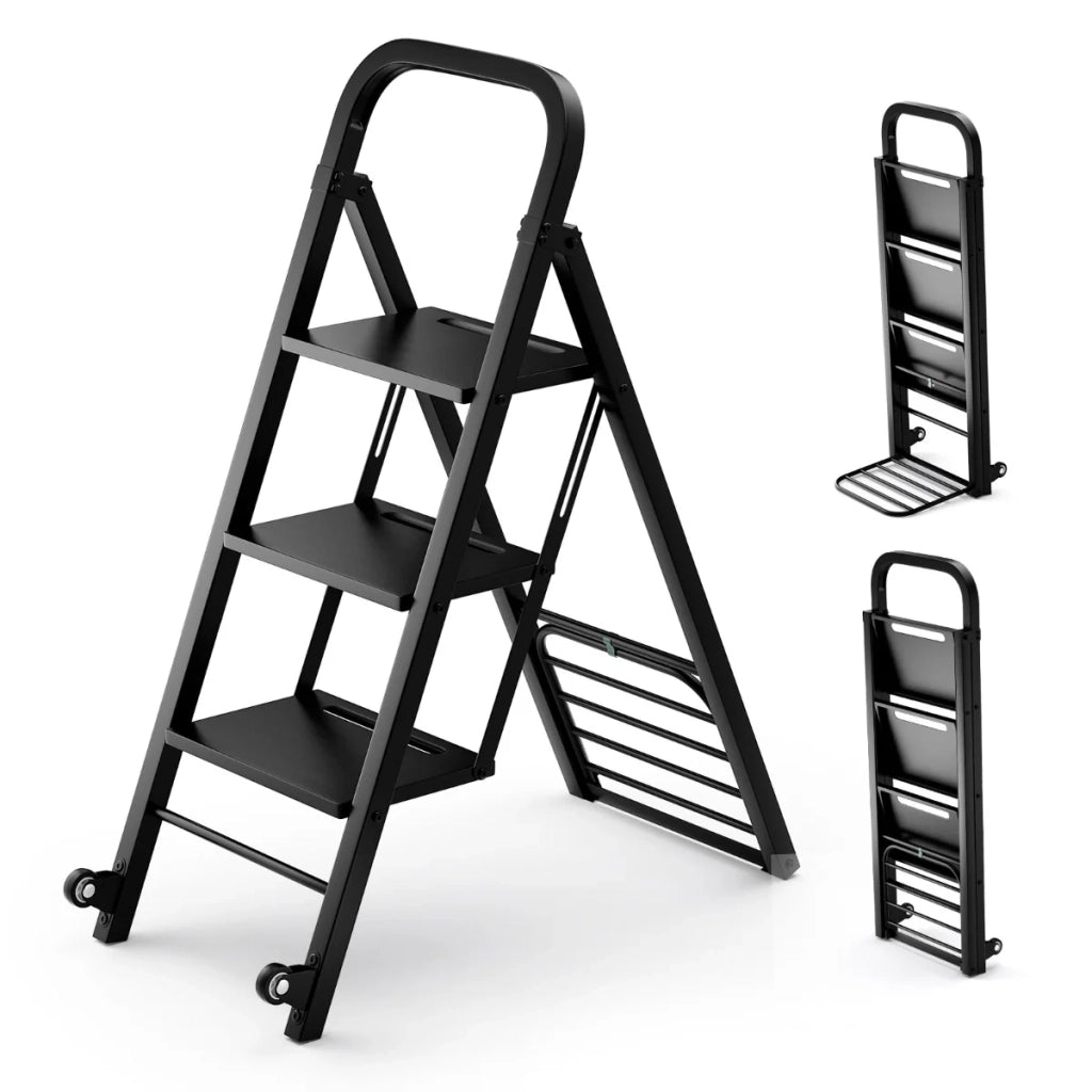 Scala pieghevole 2 in 1 con carrello 81 x 44 x 117 cm portata 200 kg scala pratica portata 250 kg carrello in metallo nero 20_0020273