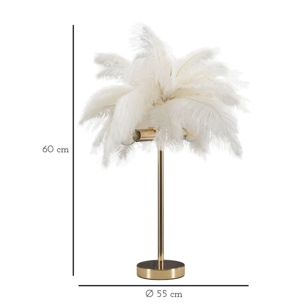 Lampada da tavolo Palm bianca in metallo dorato con piume di struzzo