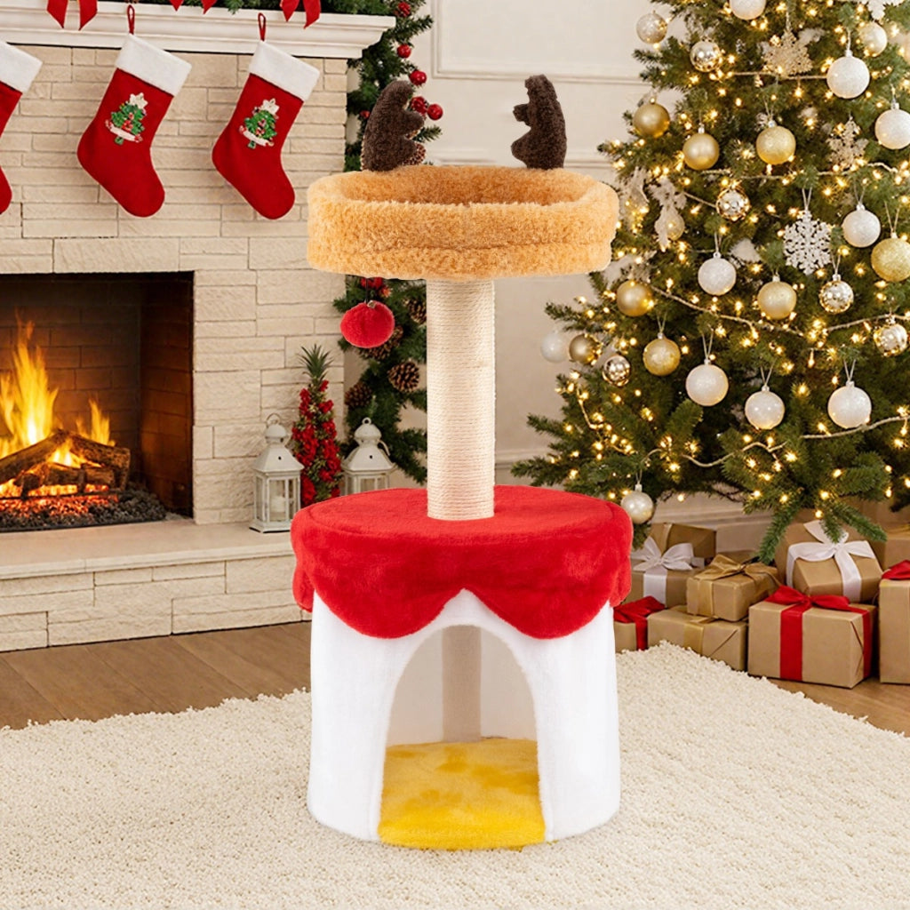Torre per gattini 80 cm con tiragraffi in sisal pallina appesa cuscino lavabile, Albero di natale per gatti con letto