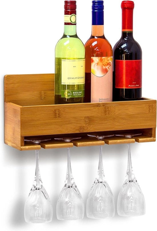 Scaffale a vino in legno di bambù con supporto per bicchieri - Dimensioni HxBxD 17x37x115 cm - Scaffale per bottiglie 4 con supporto per bicchieri 4 per parete naturale