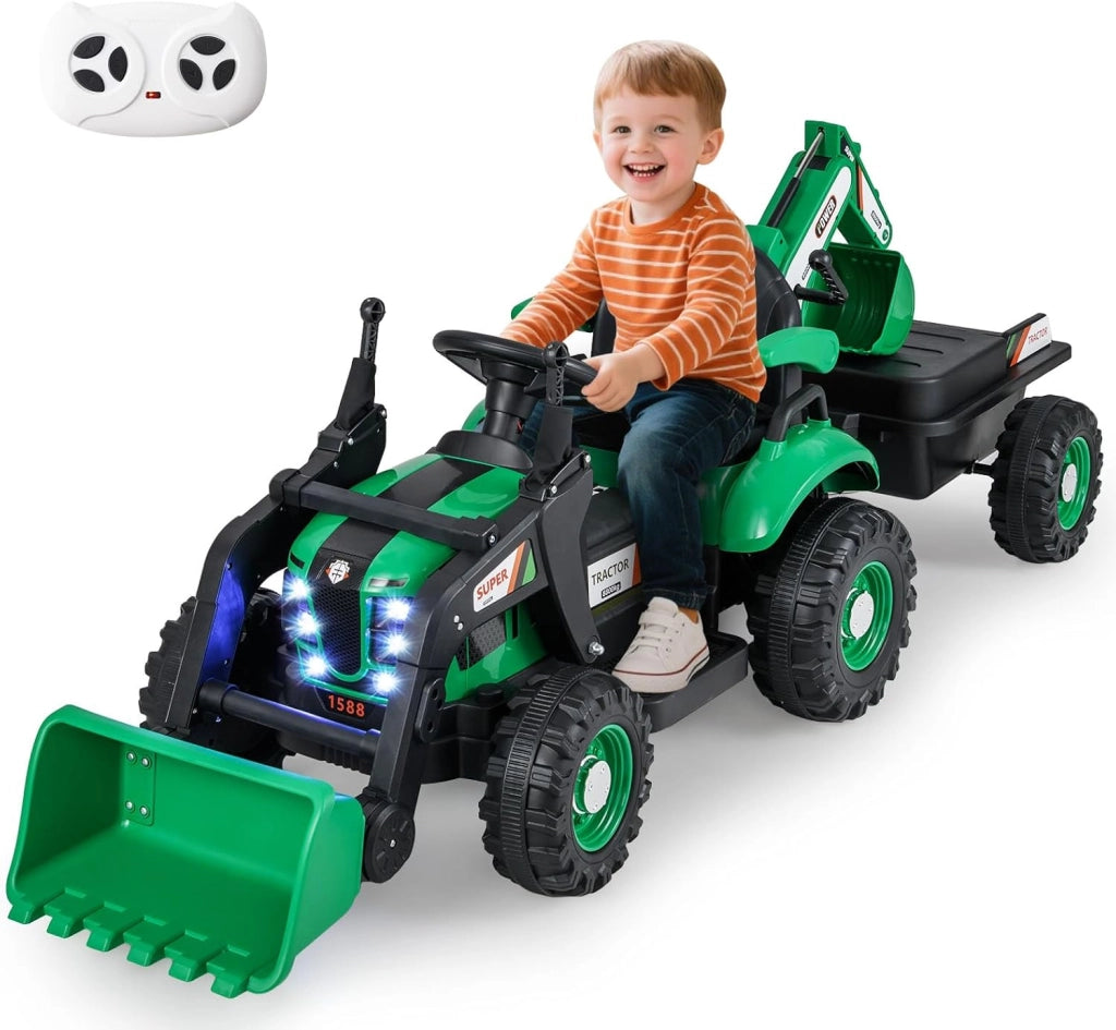 4 in 1 Trattore Elettrico per Bambini, Trattore Cavalcabile per Bambini 3-8 Anni con Telecomando Rimorchio e Cucchiaia Staccabile, Velocità Regolabile, Doppi Motori (Verde)