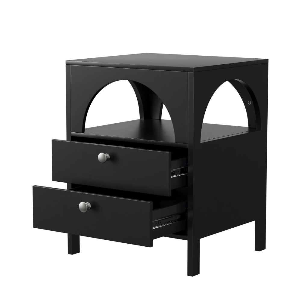 Comodino nero con 2 cassetti e vano aperto