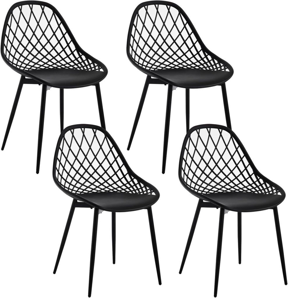 Sedia da Cucina Set da 4, da Pranzo con Schienale Scavato, Seduta in PP e Gambe in Metallo, Stile Scandinavo per Soggiorno, Camera da Letto, Nero, K0017EZS-4