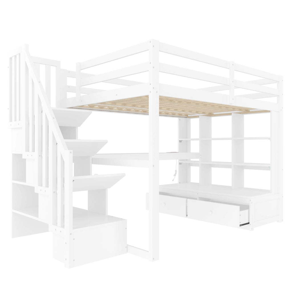Letto a castello bianco con scrivania e scaffali in MDF e pino 140x200 cm