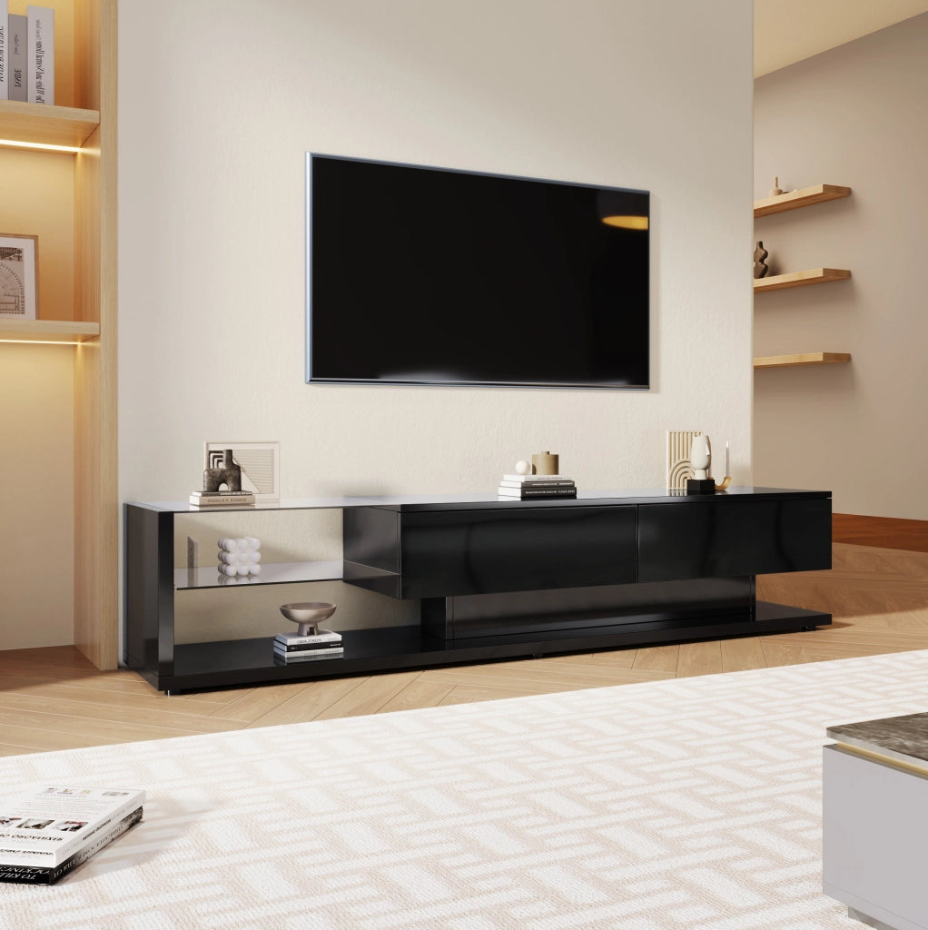 Mobile TV High Gloss Nero con 2 Cassetti; 2 Ripiani in Vetro e LED