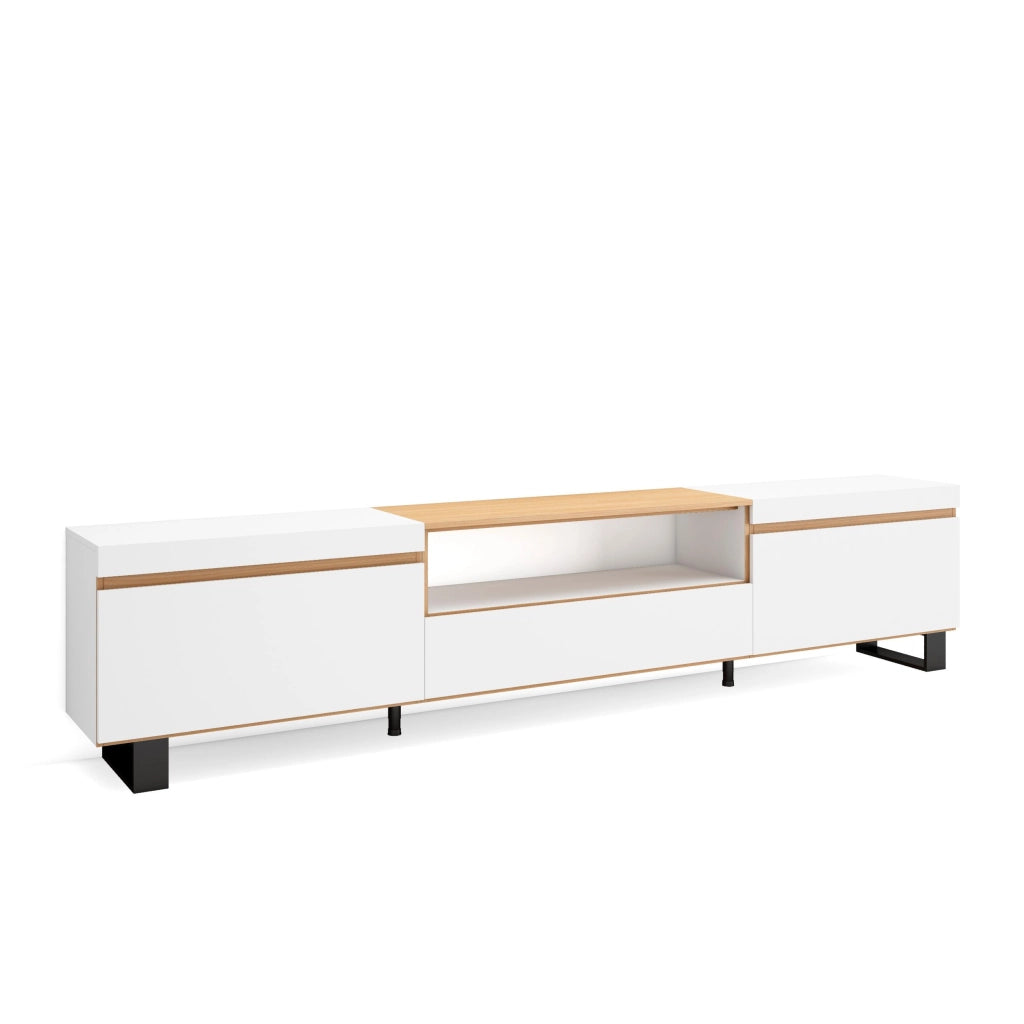 Mobile TV Soggiorno, 260x57x35 cm, TV di grande formato, Design industriale, Bianco e Rovere soft