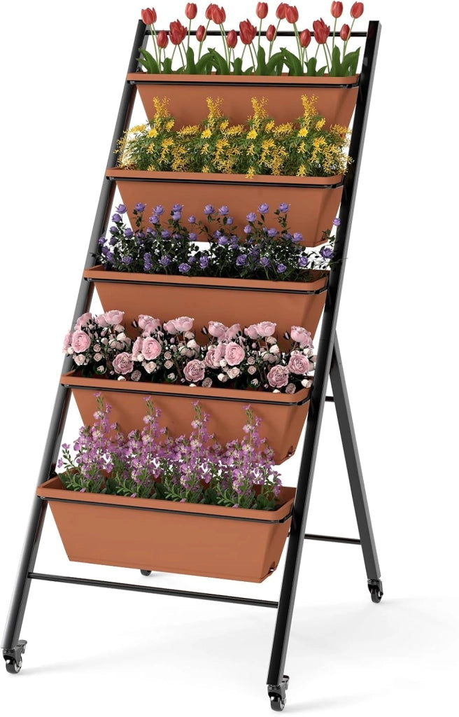 Letto da Giardino a 5 Livelli con 5 Contenitori per Piante, Drenaggio dell'Acqua e Ruote, Fioriere Rialzate in Metallo e PP per Verdure, Fiori ed Erbe, da Patio, Terrazzo e Balcone