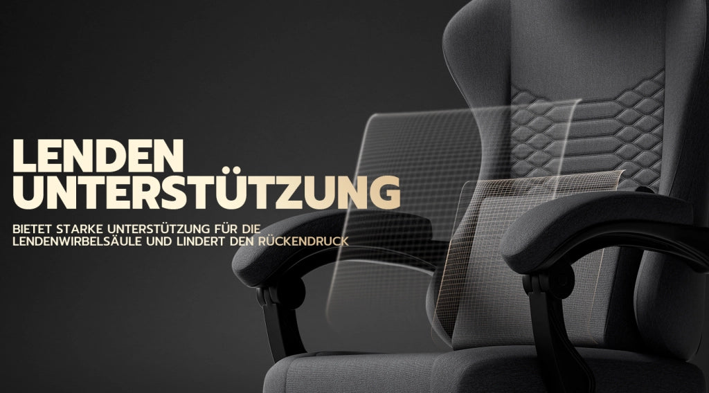 Sedia gaming ergonomica in tessuto nero con poggiatesta; supporto lombare e poggiapiedi