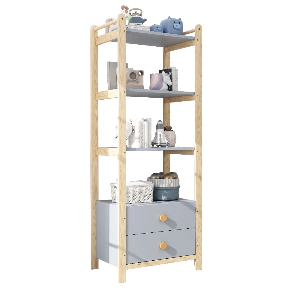 Libreria alta con due cassetti 70 x 44 x 180 cm; scaffale a quattro ripiani blu e legno