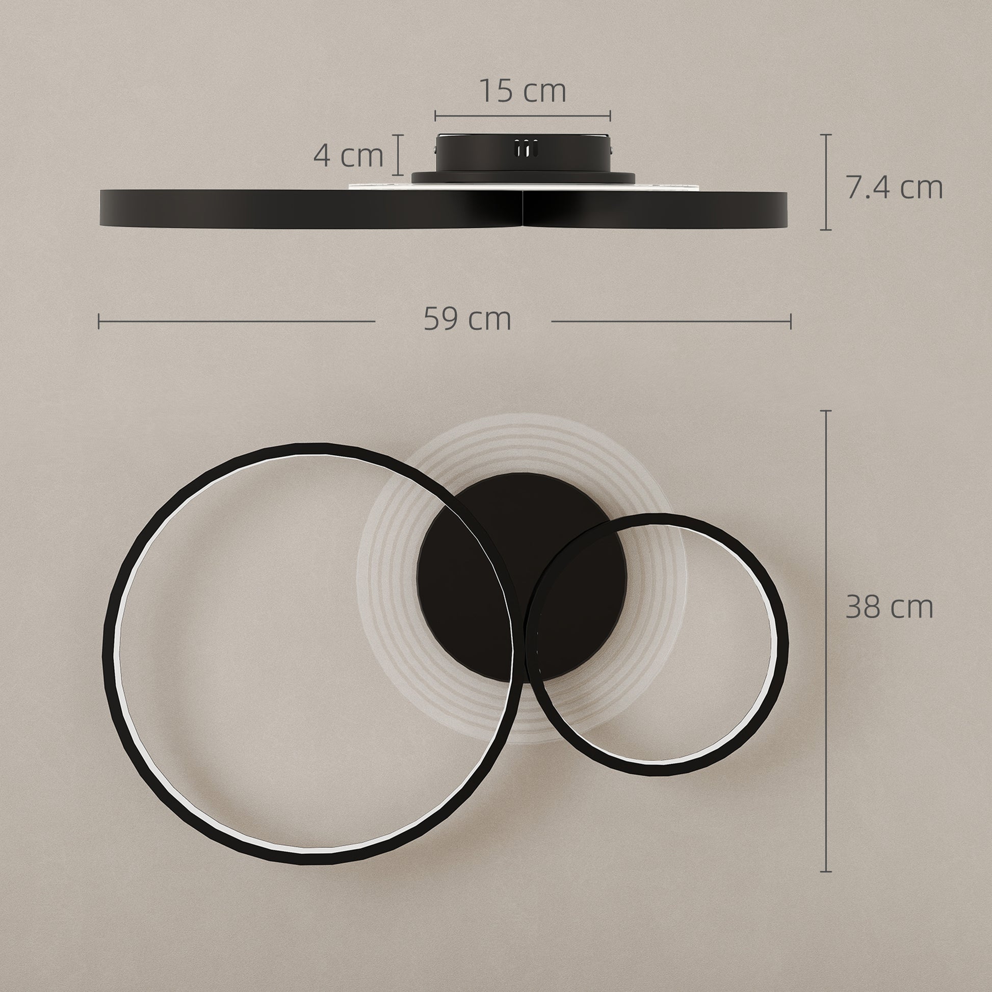 Plafoniera LED Moderna a 3 Anelli 59x8x7,4 cm Potenza 40W in Alluminio e Acrilico Nero