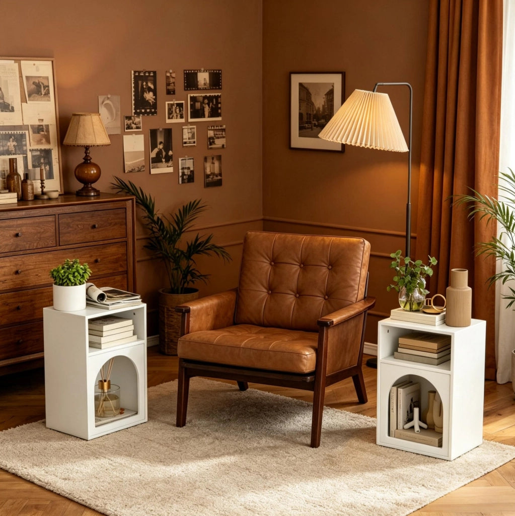 Set di 2 Comodini in MDF Bianchi con Ripiani Aperti, Design Curvo per Camera da Letto, 40x30x60 cm