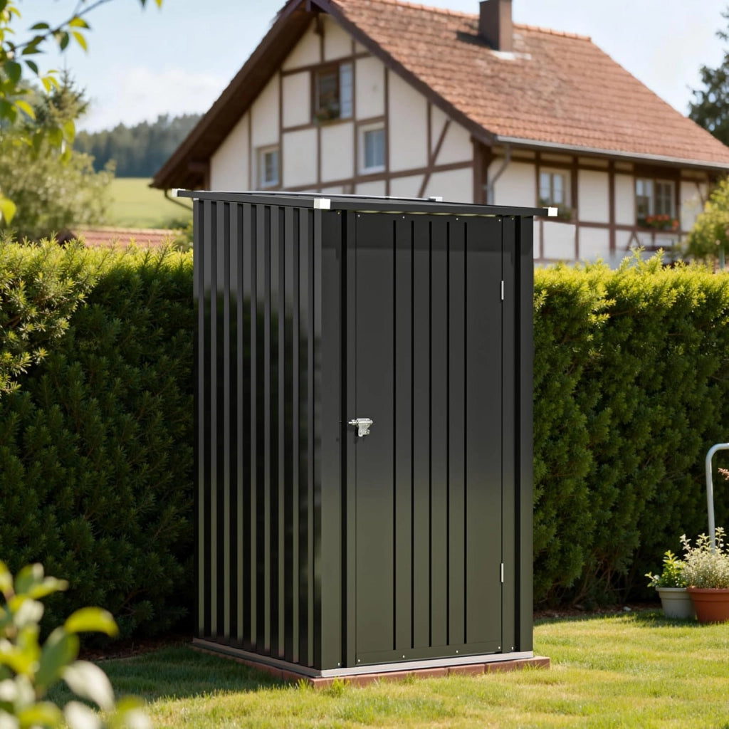 Casetta per attrezzi in metallo, 96 x 98 x 160 cm, con tetto spiovente, forte e antiruggine, con guanti da lavoro, porta girevole bloccabile, piccola casetta da giardino in acciaio per cortile
