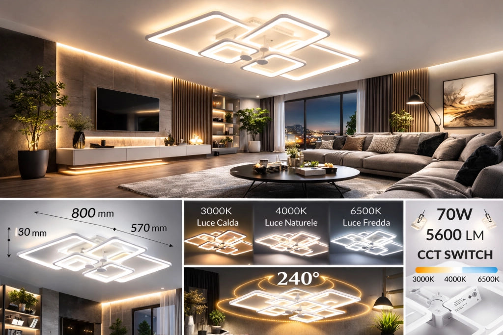 Plafoniera LED Moderna 70W 5600LM 800x570mm Soffitto Design Geometrico 6 Elementi CCT Switch 3000K 4000K 6500K Luce Calda Naturale Fredda 240° Metallo Acrilico IP20 Interno