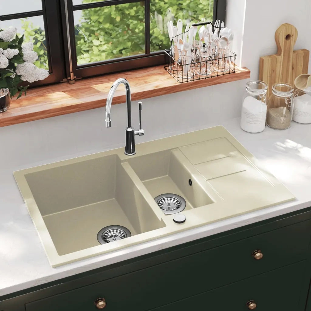 Lavello da Cucina in Granito Vasca Doppia-Lavandino-Lavabo Beige 978554