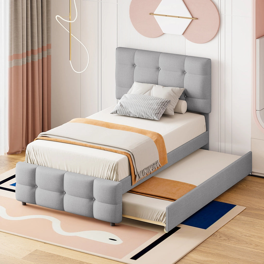 Letto singolo estraibile 90×200 cm e 90×190 cm con testiera regolabile; senza materasso; imbottito; grigio