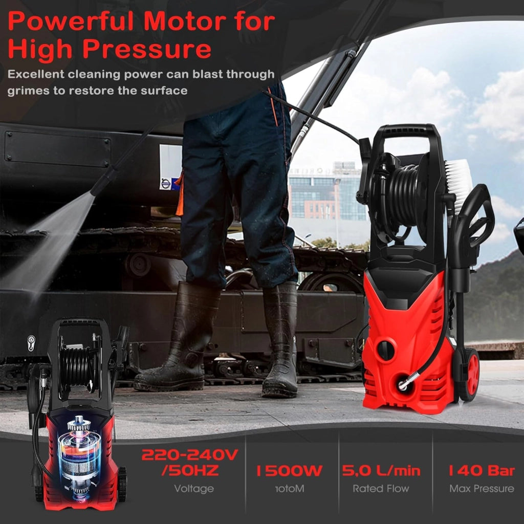 Pulitore ad alta pressione 1500 W, pulitore elettrico 140 bar, 5 l/min, con ugelli, raccordo ingresso acqua, vasetto da bucato, spazzola cavo elettrico 5 m, per auto, terrazza, parete (rosso+