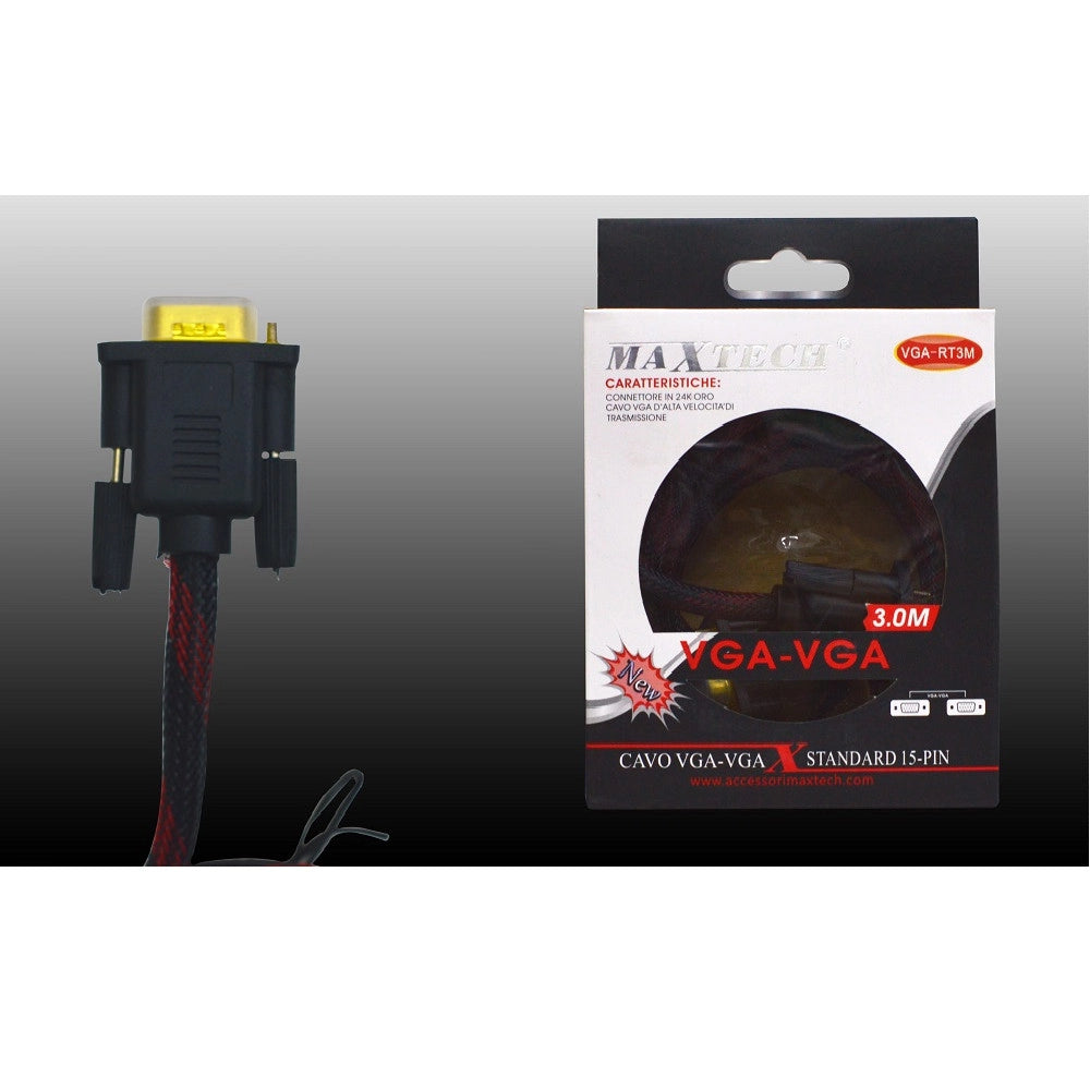 Trade Shop - Cavo Vga-vga Telato Monitor Tv Pc Da 3.0 Metri M/m 15 Pin 24 K Maxtech Vga-rt3m -