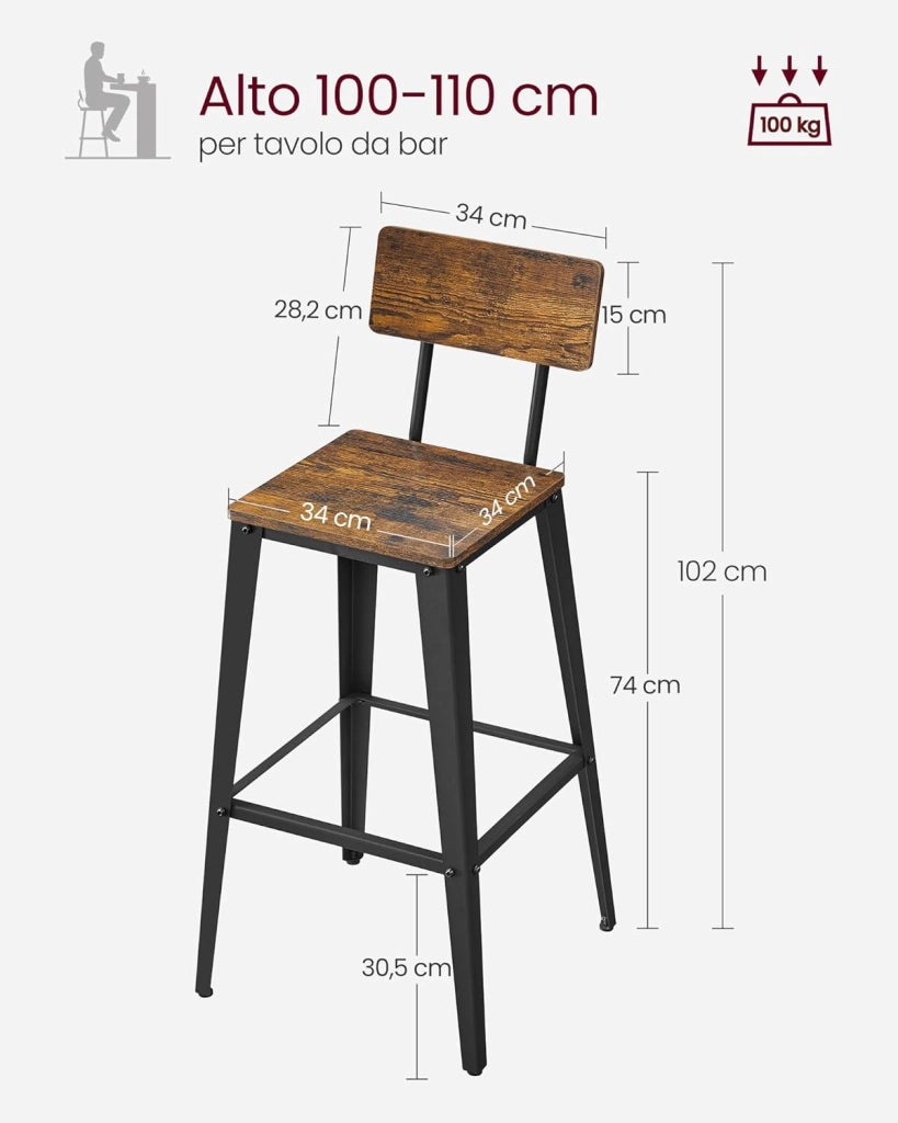 VASAGLE Sgabelli da Bar, Set da 2, Sgabelli Cucina, con Schienale, Struttura in Acciaio, Facile da Montare, Sgabelli Alti, Stile Industriale, Marrone Vintage e Nero LBC078B01