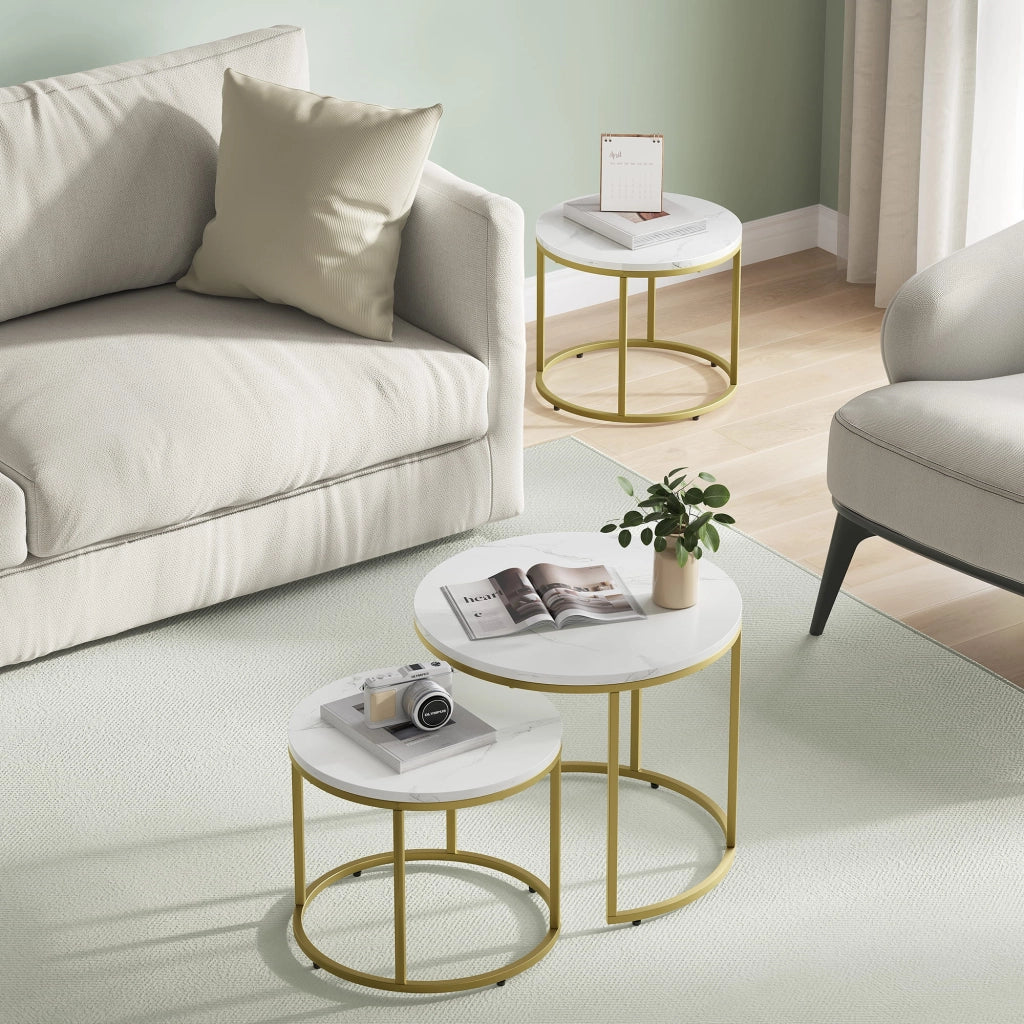 Set di tavolini rotondi VALORA - Piano in marmo con gambe dorate x2