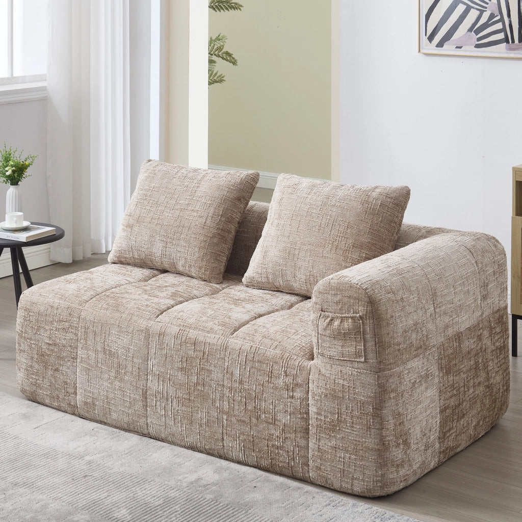Divano a 2 posti con chaise longue, tessuto chenille, cuscino incluso, tasche laterali, kaki