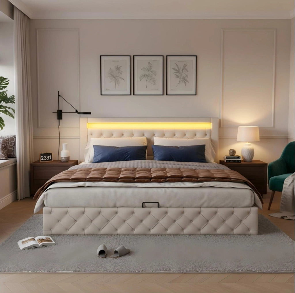 Letto matrimoniale imbottito 140x190 cm con contenitore; rete a doghe; LED; PU bianco